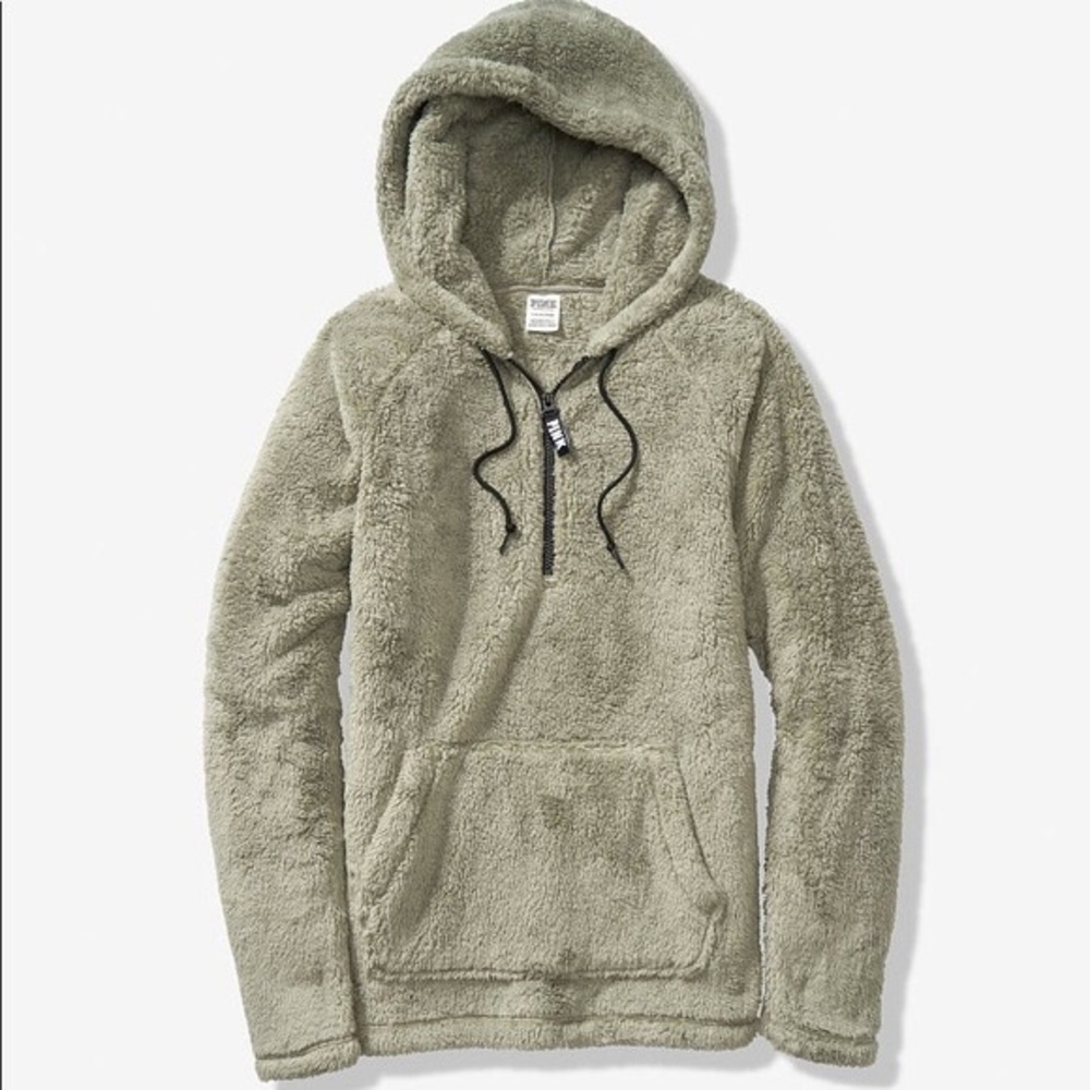 VS PINK gray/green Sherpa fleece quarter zip pullover